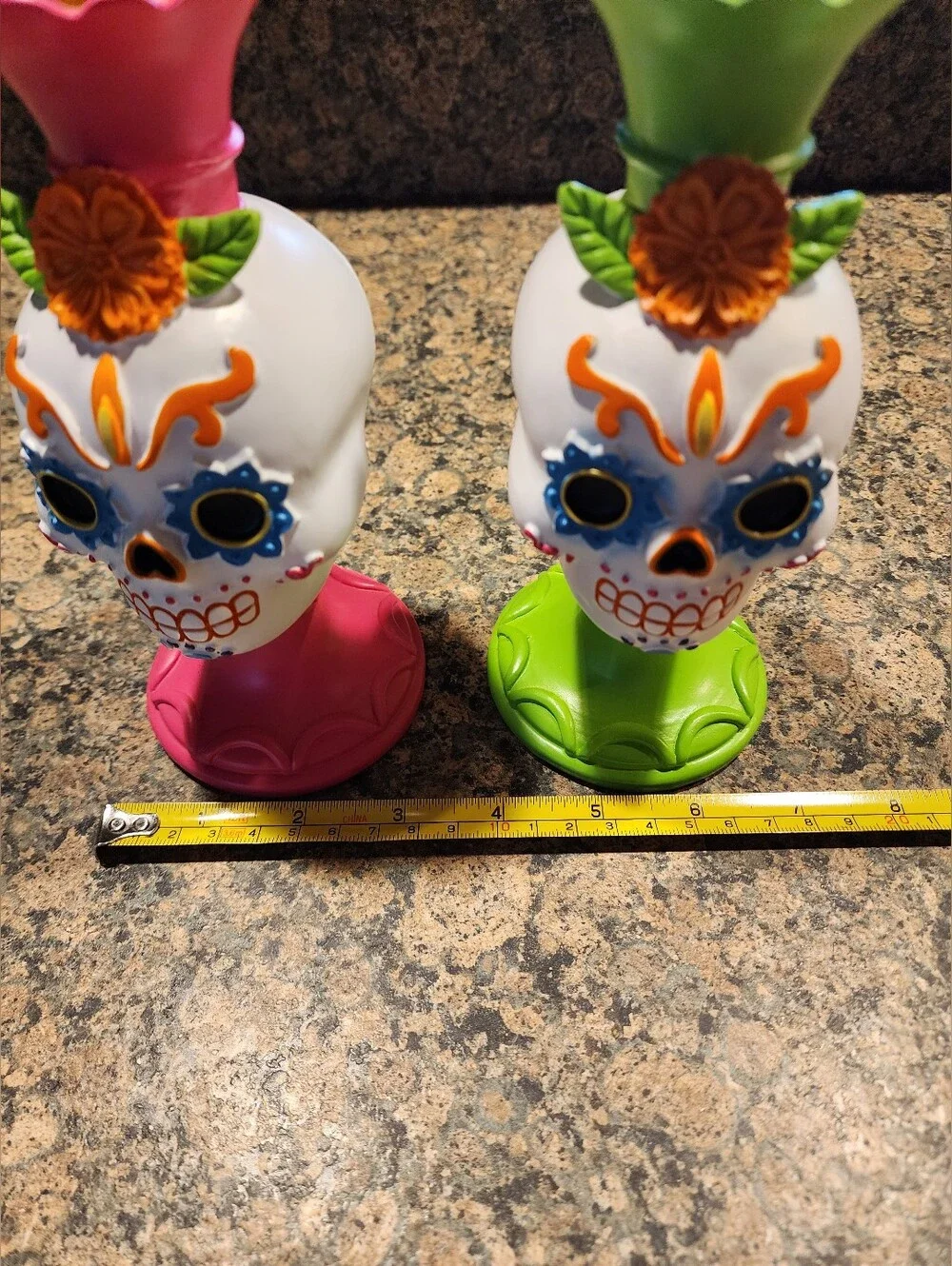 Day of the Dead Sugar Skull Candle Holders - Pink and Green